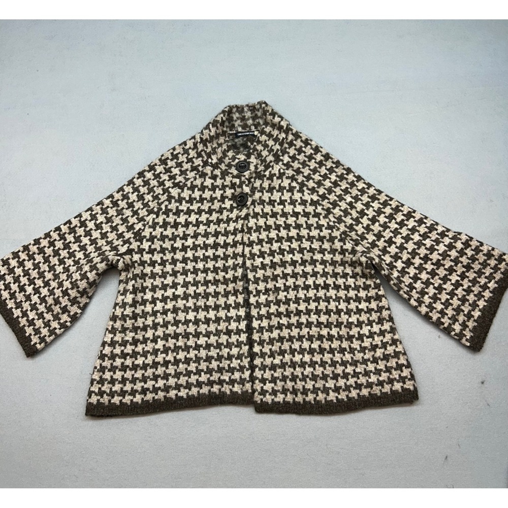 Sweaterworks Women Brown Houndstooth Mock Neck Button Front Cardigan Sweater